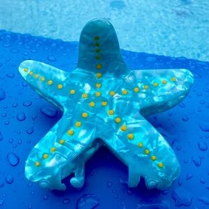 Opalescent Blue Starfish Clip with Yellow Dot Summer Beach Hairclip